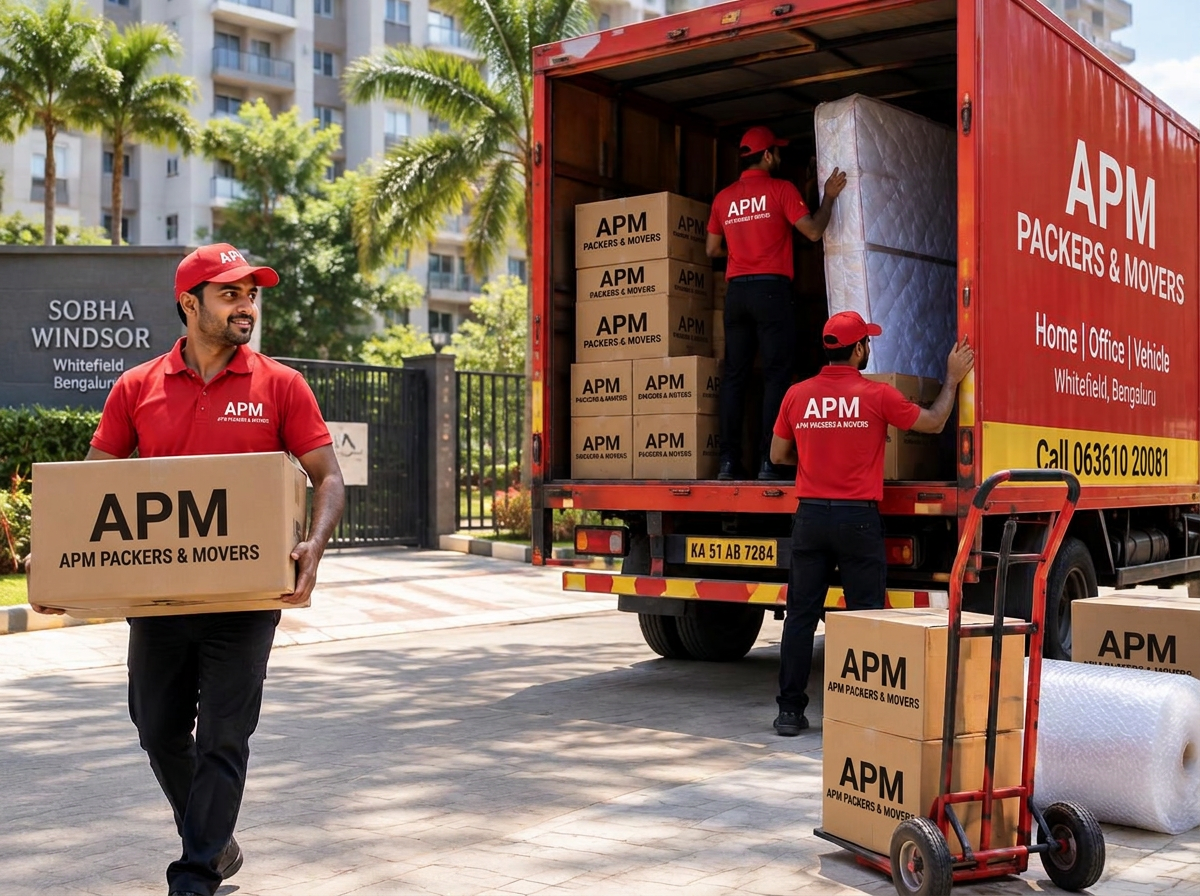 APM crew in red uniforms loading labelled cartons into a moving truck outside a Whitefield apartment