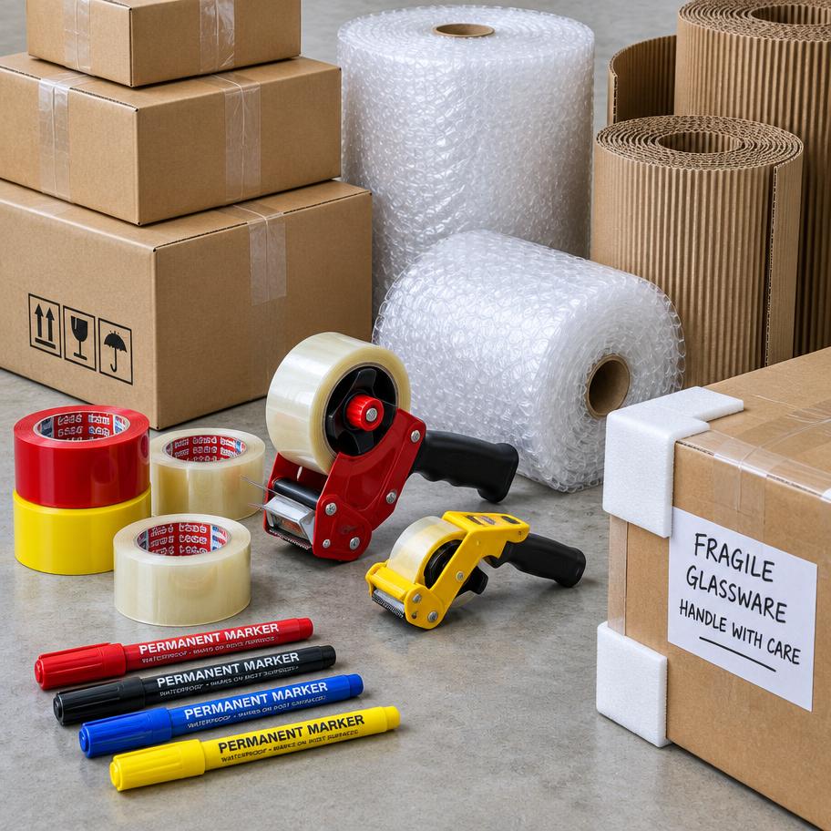 Stacked cartons, bubble wrap rolls and packing tape arranged on a floor